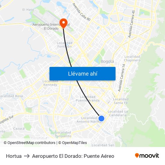 Hortua to Aeropuerto El Dorado: Puente Aéreo map