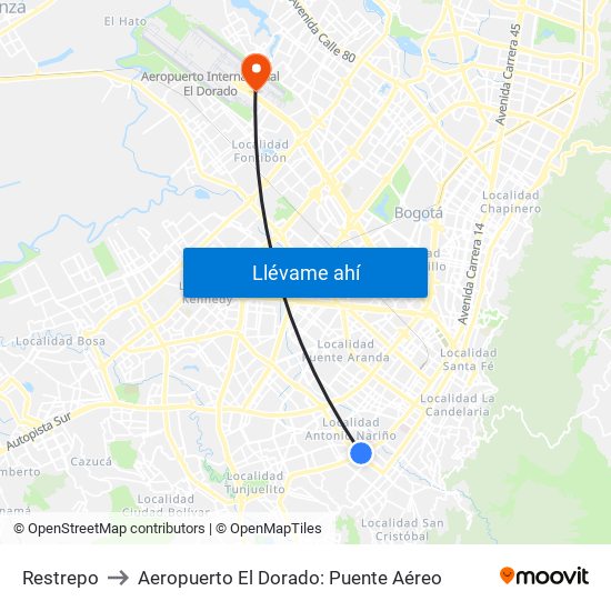 Restrepo to Aeropuerto El Dorado: Puente Aéreo map