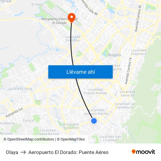 Olaya to Aeropuerto El Dorado: Puente Aéreo map