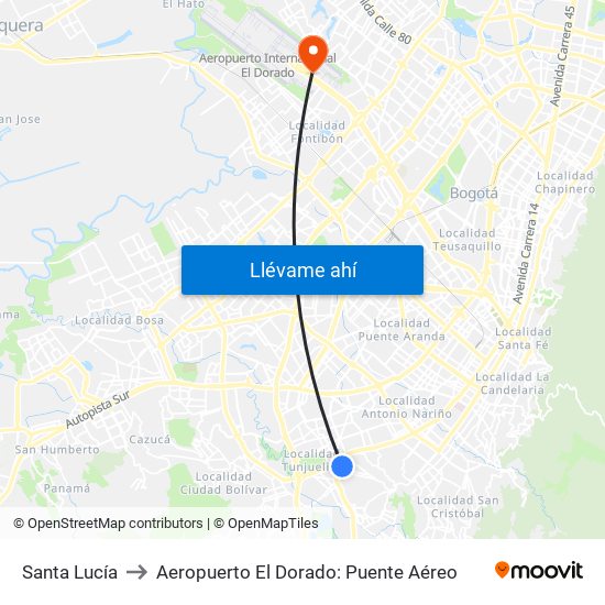 Santa Lucía to Aeropuerto El Dorado: Puente Aéreo map