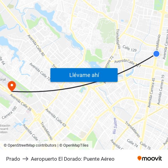 Prado to Aeropuerto El Dorado: Puente Aéreo map