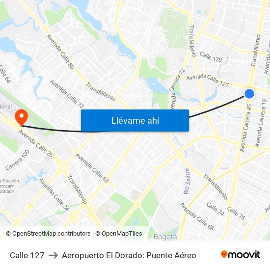 Calle 127 to Aeropuerto El Dorado: Puente Aéreo map