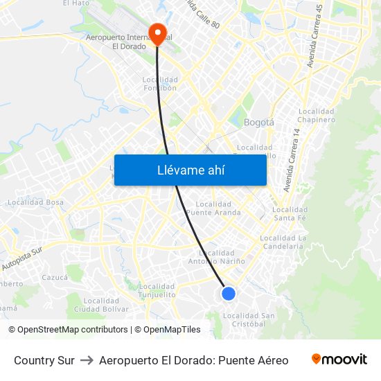 Country Sur to Aeropuerto El Dorado: Puente Aéreo map