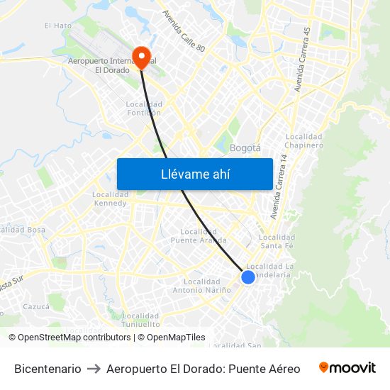 Bicentenario to Aeropuerto El Dorado: Puente Aéreo map