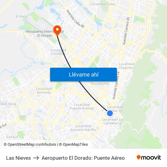 Las Nieves to Aeropuerto El Dorado: Puente Aéreo map