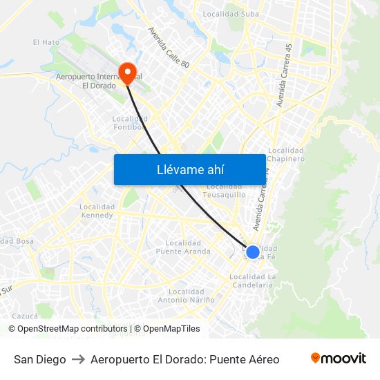 San Diego to Aeropuerto El Dorado: Puente Aéreo map