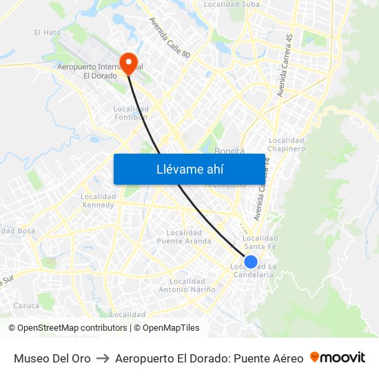 Museo Del Oro to Aeropuerto El Dorado: Puente Aéreo map