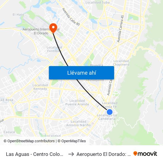 Las Aguas - Centro Colombo Americano to Aeropuerto El Dorado: Puente Aéreo map