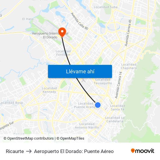 Ricaurte to Aeropuerto El Dorado: Puente Aéreo map