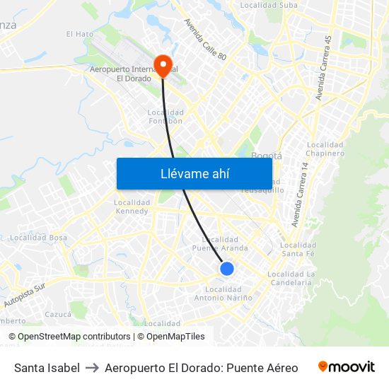 Santa Isabel to Aeropuerto El Dorado: Puente Aéreo map