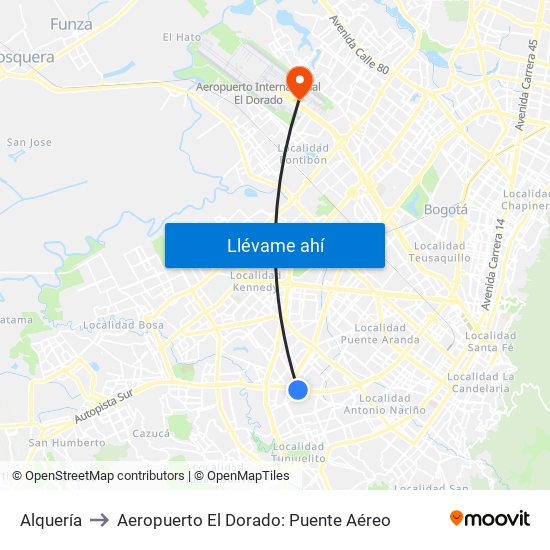 Alquería to Aeropuerto El Dorado: Puente Aéreo map