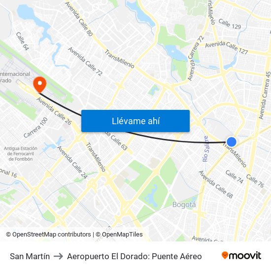 San Martín to Aeropuerto El Dorado: Puente Aéreo map