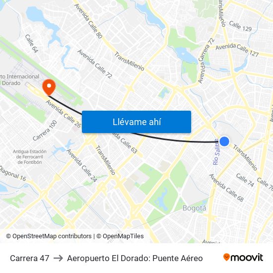 Carrera 47 to Aeropuerto El Dorado: Puente Aéreo map