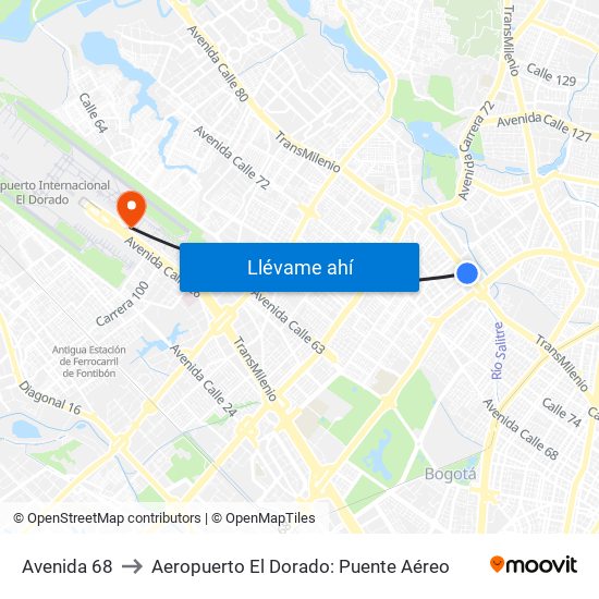 Avenida 68 to Aeropuerto El Dorado: Puente Aéreo map