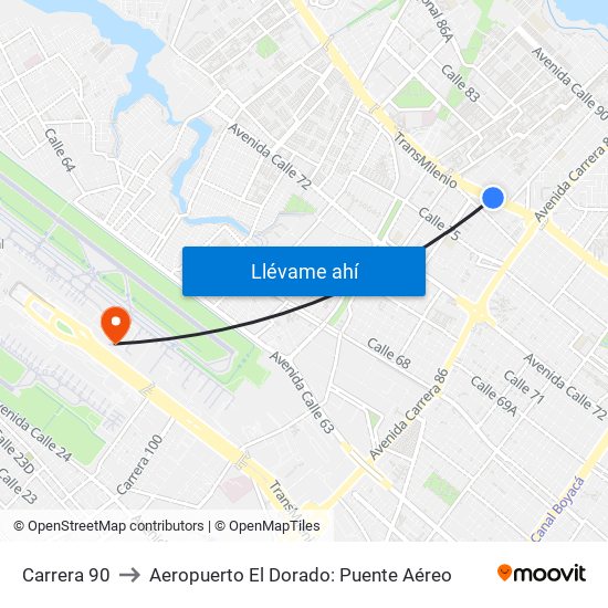 Carrera 90 to Aeropuerto El Dorado: Puente Aéreo map