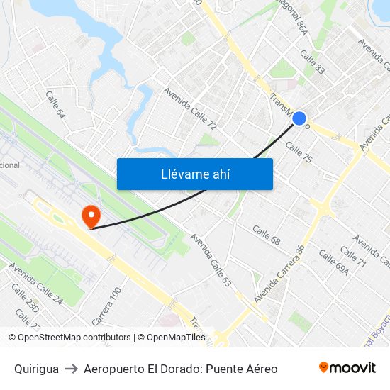Quirigua to Aeropuerto El Dorado: Puente Aéreo map