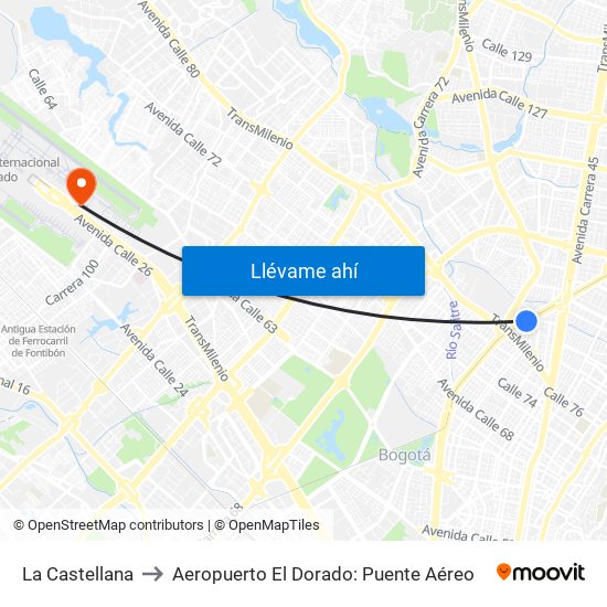 La Castellana to Aeropuerto El Dorado: Puente Aéreo map