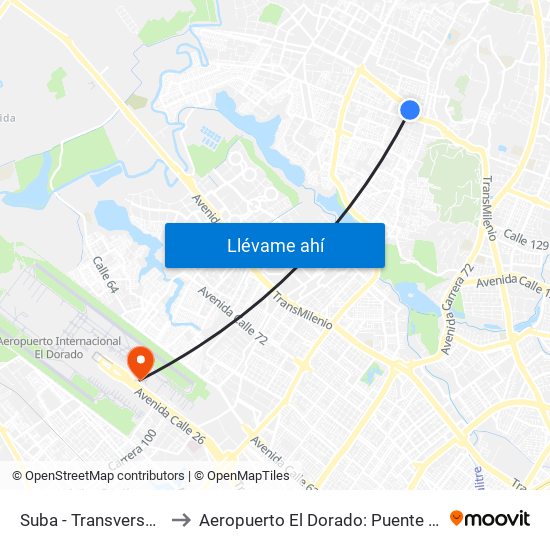 Suba - Transversal 91 to Aeropuerto El Dorado: Puente Aéreo map