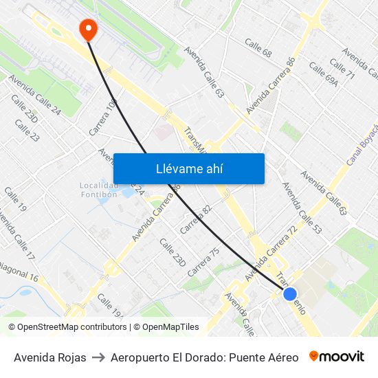 Avenida Rojas to Aeropuerto El Dorado: Puente Aéreo map