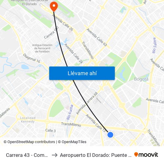 Carrera 43 - Comapan to Aeropuerto El Dorado: Puente Aéreo map