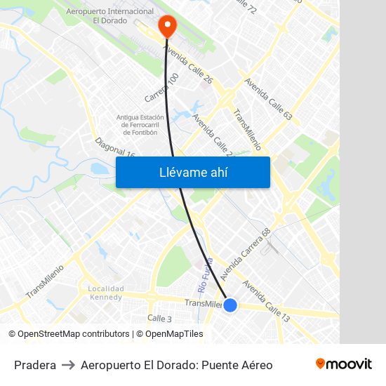 Pradera to Aeropuerto El Dorado: Puente Aéreo map