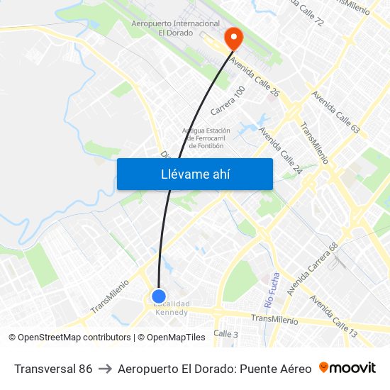 Transversal 86 to Aeropuerto El Dorado: Puente Aéreo map