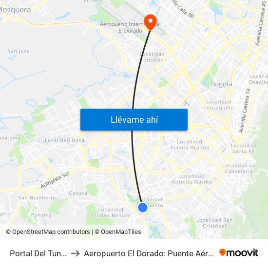 Portal Del Tunal to Aeropuerto El Dorado: Puente Aéreo map