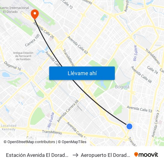 Estación Avenida El Dorado (Av. NQS - Cl 40a) to Aeropuerto El Dorado: Puente Aéreo map