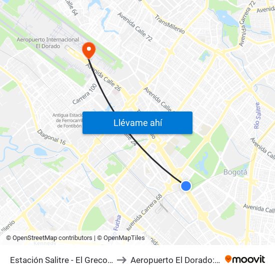 Estación Salitre - El Greco (Ac 26 - Ak 68) to Aeropuerto El Dorado: Puente Aéreo map