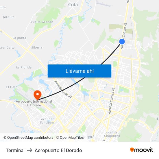 Terminal to Aeropuerto El Dorado map