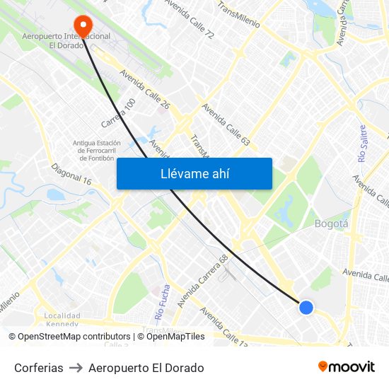 Corferias to Aeropuerto El Dorado map
