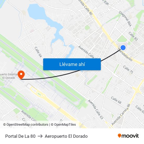 Portal De La 80 to Aeropuerto El Dorado map