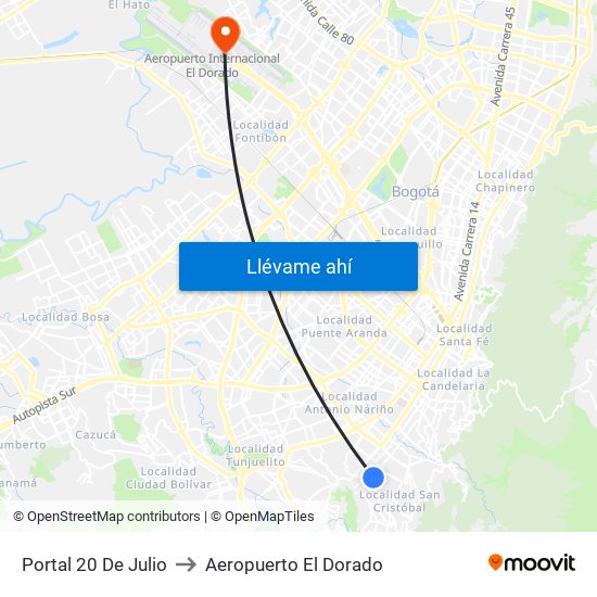 Portal 20 De Julio to Aeropuerto El Dorado map