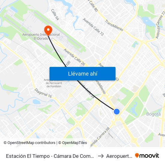 Estación El Tiempo - Cámara De Comercio De Bogotá (Ac 26 - Kr 68b Bis) to Aeropuerto El Dorado map