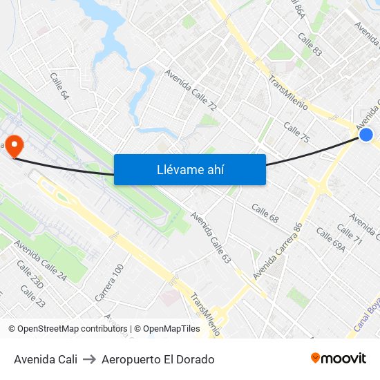 Avenida Cali to Aeropuerto El Dorado map