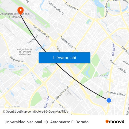 Universidad Nacional to Aeropuerto El Dorado map