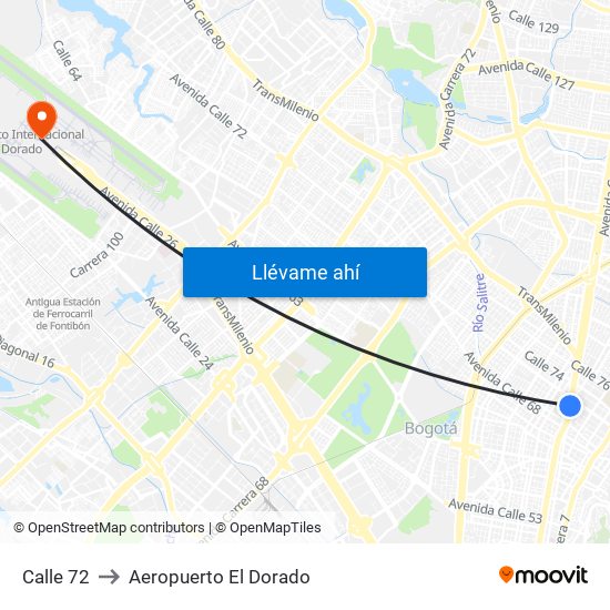 Calle 72 to Aeropuerto El Dorado map