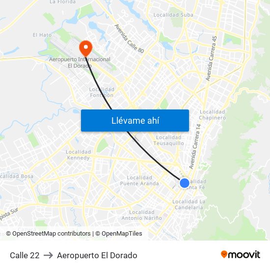 Calle 22 to Aeropuerto El Dorado map