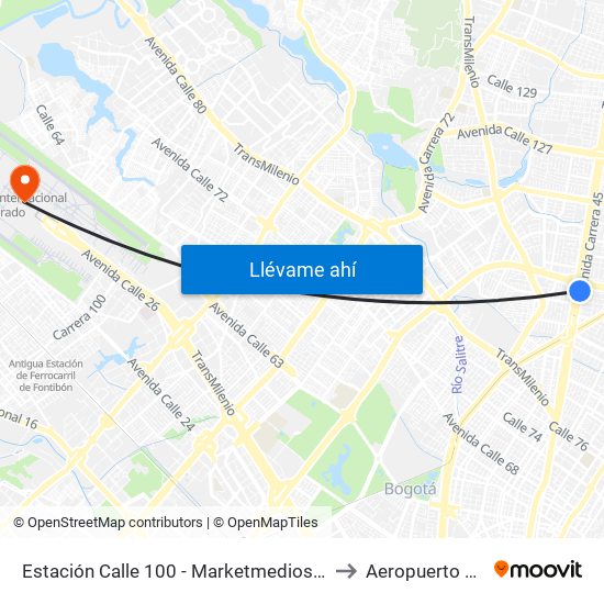 Estación Calle 100 - Marketmedios (Auto Norte - Cl 98) to Aeropuerto El Dorado map
