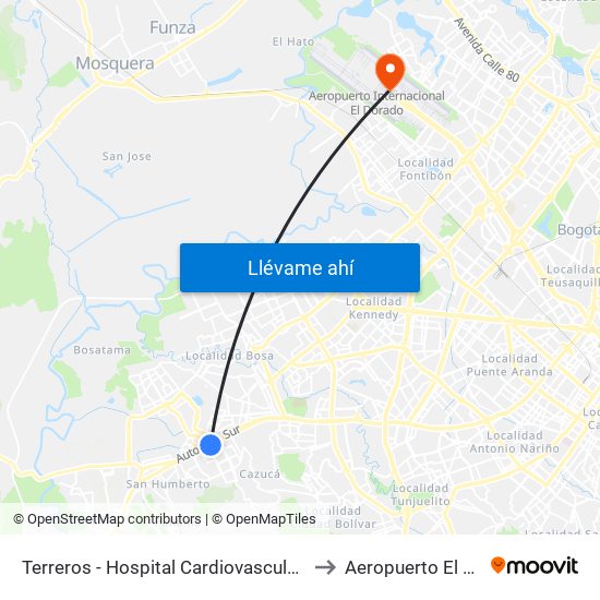 Terreros - Hospital Cardiovascular (Lado Sur) to Aeropuerto El Dorado map