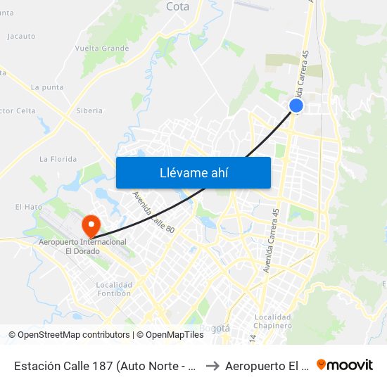 Estación Calle 187 (Auto Norte - Cl 187 Bis) (A) to Aeropuerto El Dorado map