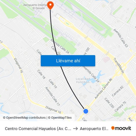 Centro Comercial Hayuelos (Av. C. De Cali - Cl 20) to Aeropuerto El Dorado map