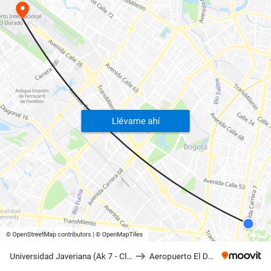 Universidad Javeriana (Ak 7 - Cl 40) (B) to Aeropuerto El Dorado map