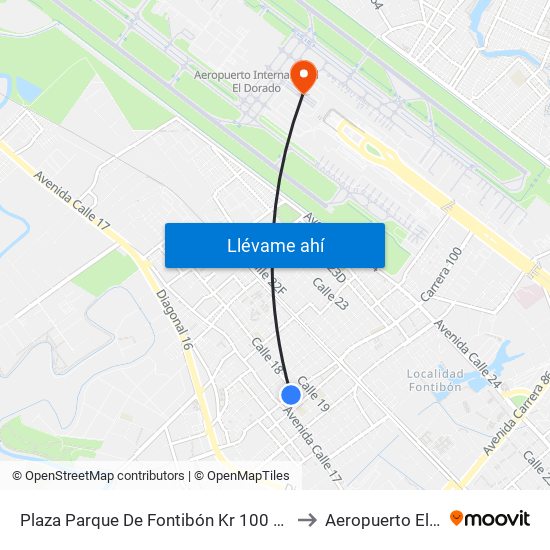 Plaza Parque De Fontibón Kr 100 (Kr 100 - Cl 17a) to Aeropuerto El Dorado map