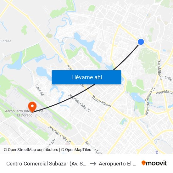 Centro Comercial Subazar (Av. Suba - Kr 91) to Aeropuerto El Dorado map