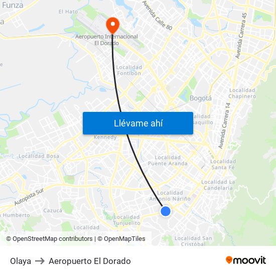 Olaya to Aeropuerto El Dorado map