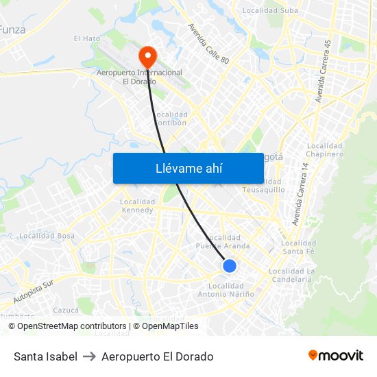 Santa Isabel to Aeropuerto El Dorado map