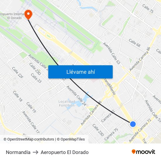 Normandía to Aeropuerto El Dorado map