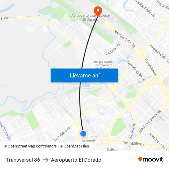 Transversal 86 to Aeropuerto El Dorado map