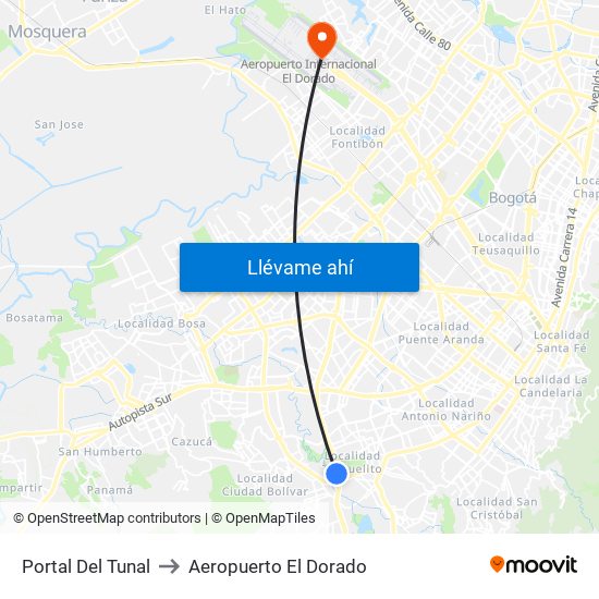 Portal Del Tunal to Aeropuerto El Dorado map